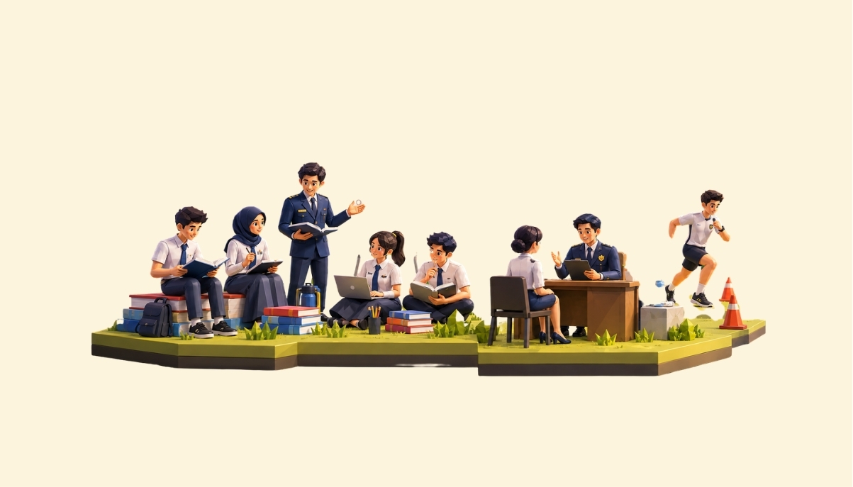 Ilustrasi persiapan sekolah kedinasan SCOVER dengan akademik, wawancara, dan latihan fisik